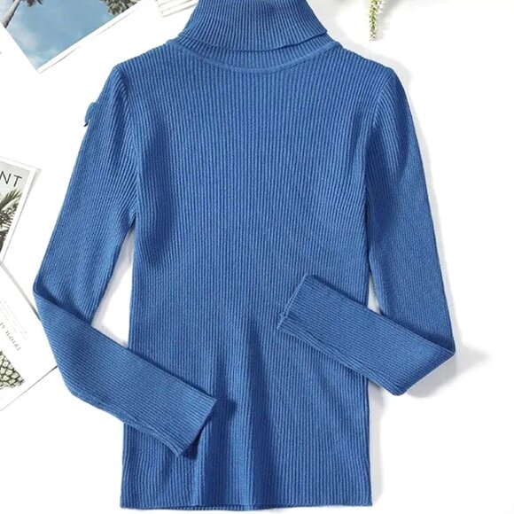 ONE SIZE COW BLUE LIGHTWEIGHT FINELY RIBBED LONG SLEEVE TURTLENECK SWEATER - Picture 1 of 1